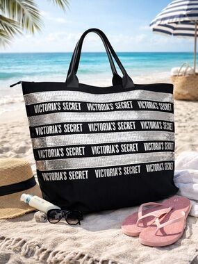 Victoria’s Secret Sequin Stripe Large Tote Bag Black Silver Weekender Travel Zip